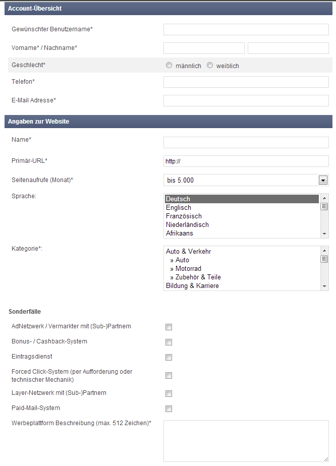 Nötige Anmeldungsinformationen