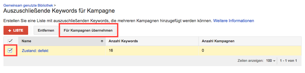 negative Keywordlisten für Kampagnen