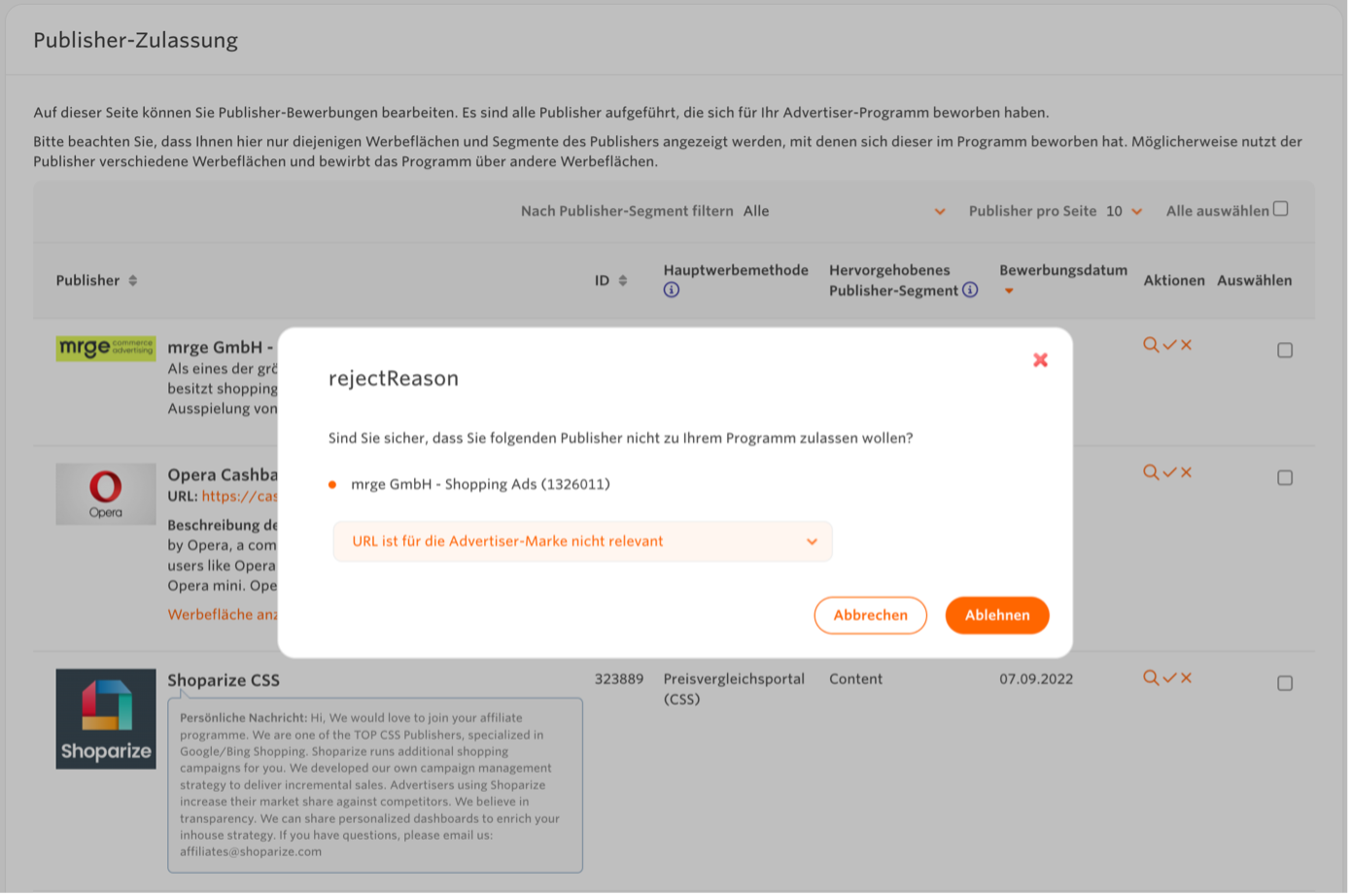 Publisher-Ablehnung bei Awin 