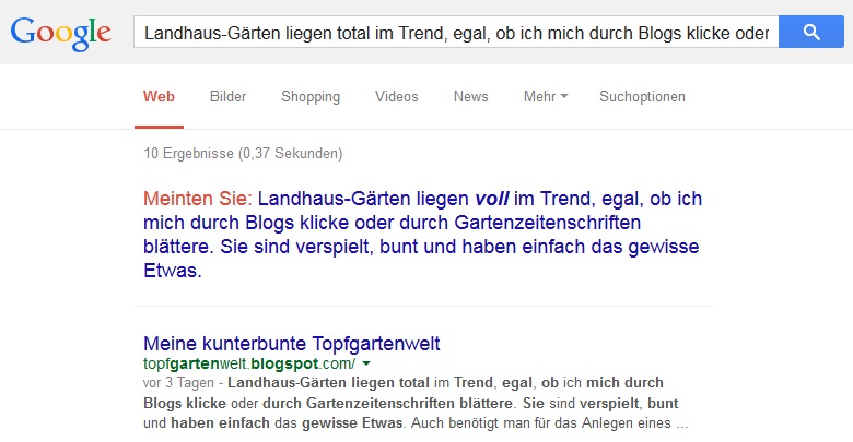 Eingabe von Textausschnitt bei der Google-Suche für Check verdächtiger Blogs