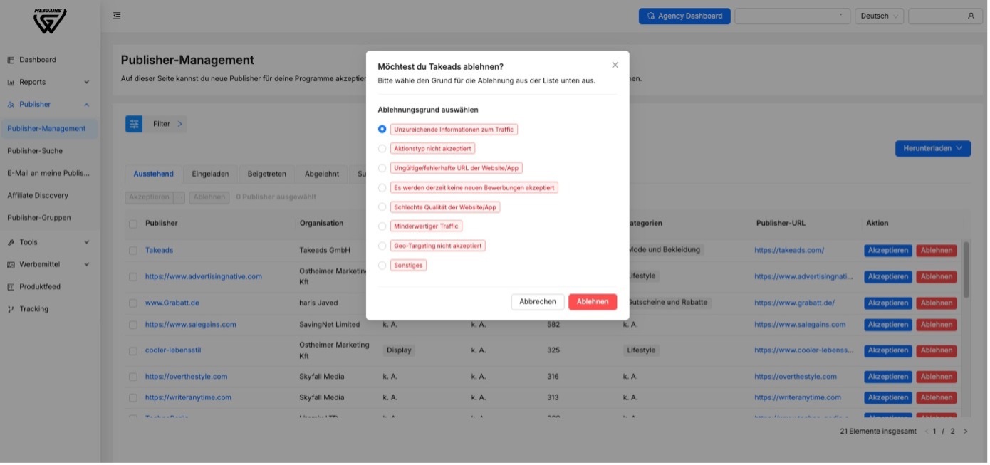Publisher-Ablehnung bei Webgains 