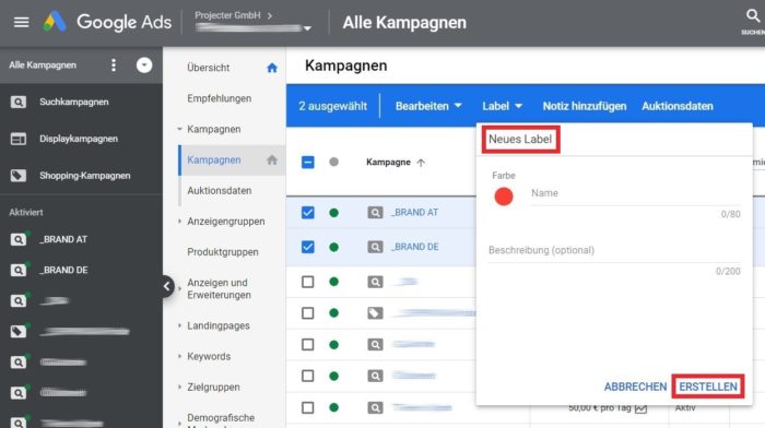 Screenshot des Google Ads Editors, beim Anlegen eines neuen Labels