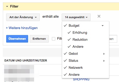 Details Filter Änderungsverlauf
