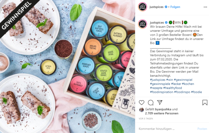 Ein Screenshot von einem Instagram-Posting des Accounts "Justspices", in dem es um ein Gewinnspiel geht