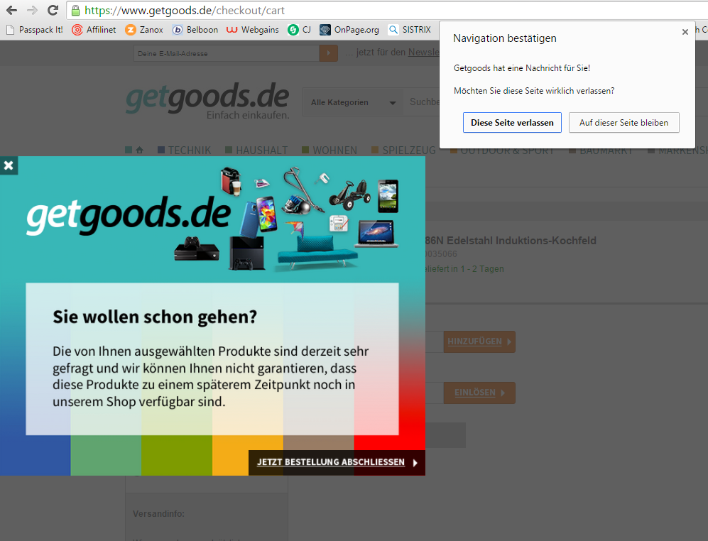 Exit Intent Overlay von getgoods.de