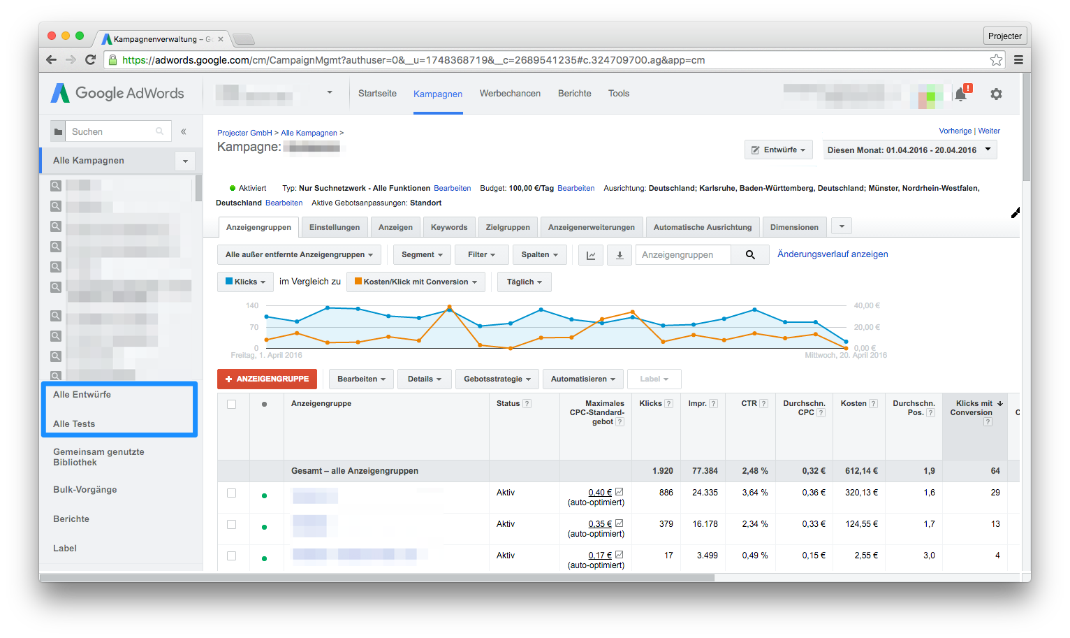 Überwachung Adwords Entwürfe