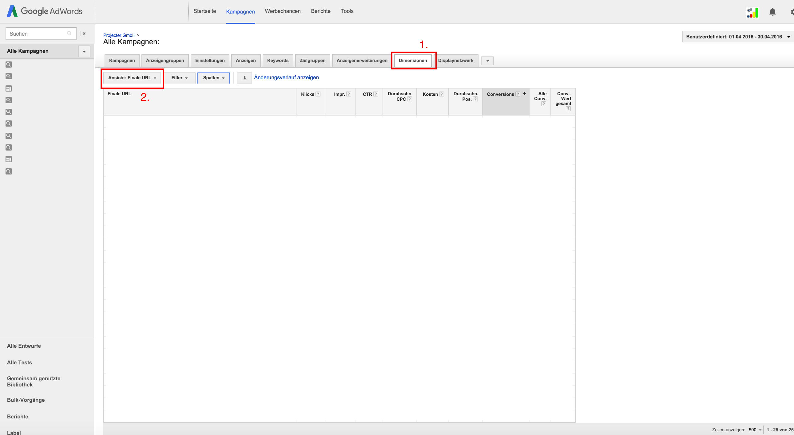 Dimensionen-Tab (AdWords)