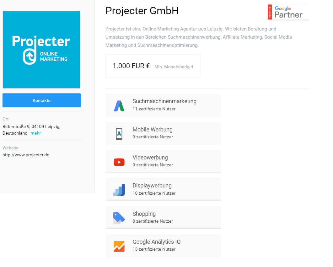 Google Partner Premier Profil von Projecter
