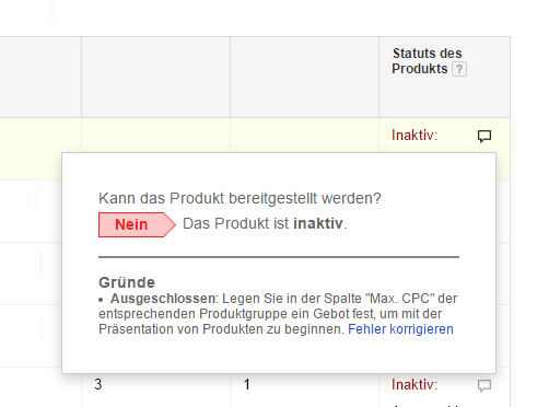 Neue Spalte bei AdWords mit Infos über Status des Produkts in Shopping Kampagnen