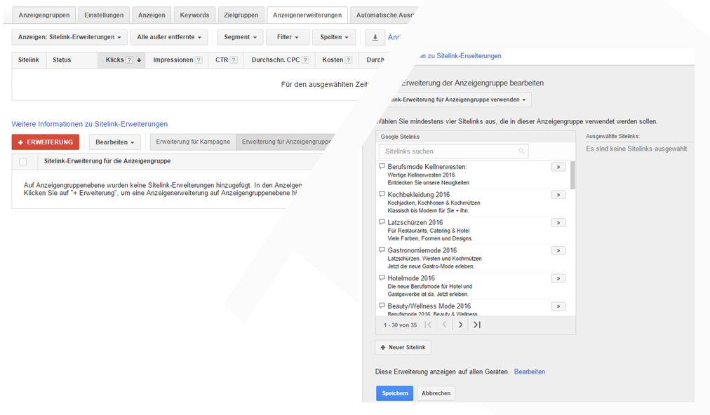 Beispiel, wie ein die Sitelink-Erweiterung bei Google AdWords eingerichtet wird
