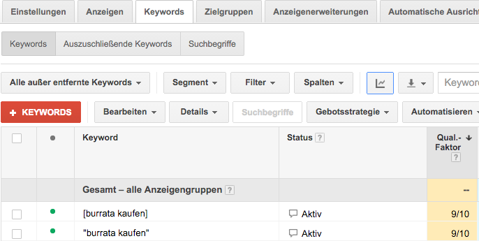 Darstellung des Qualitätsfaktors im Google Adwords Konto