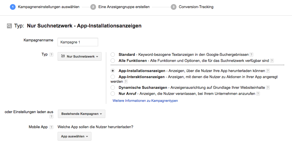 Kampagnen mit App-Installations-Anzeigen im Suchnetzwerk