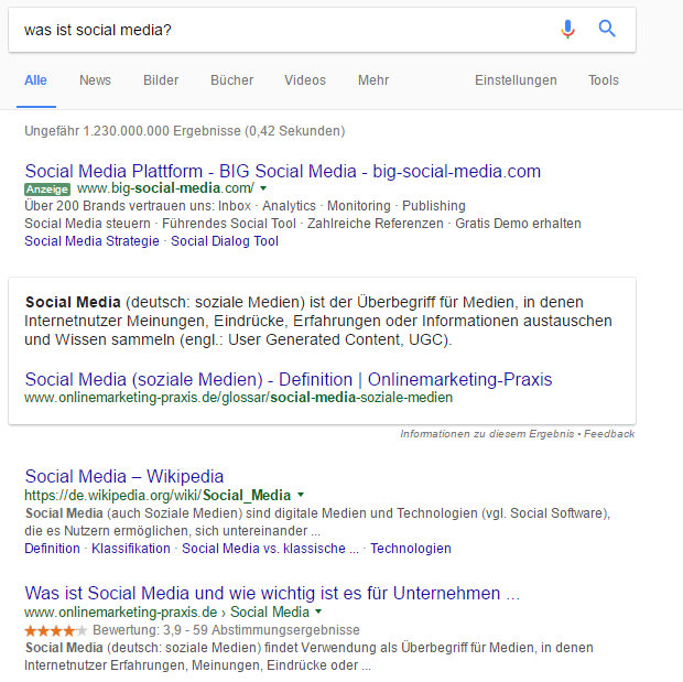 Featured Snippets in den Suchergebnissen