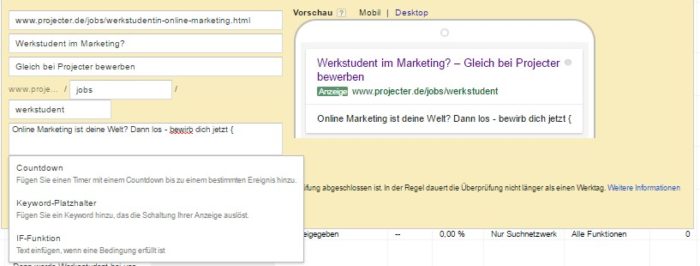 IF-Funktionen für Textanzeigen bei AdWords