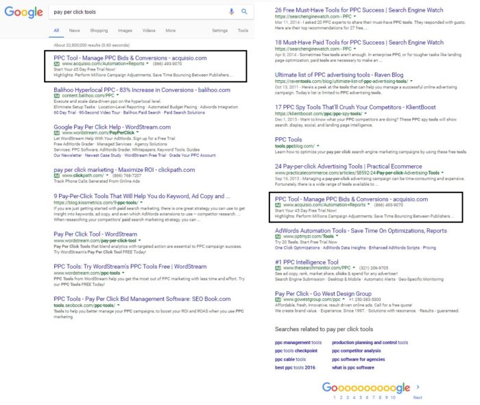 Duplizierte Anzeigen oberhalb sowie unterhalb er organischen Suchergebnisse