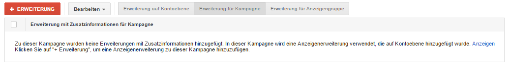 Übersichtsmenü der Erweiterungen mit Zusatzinformationen im Google AdWords Account