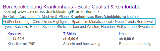 Beispiel einer Anzeigenerweiterungen mit Zusatzinformationen für Google AdWords