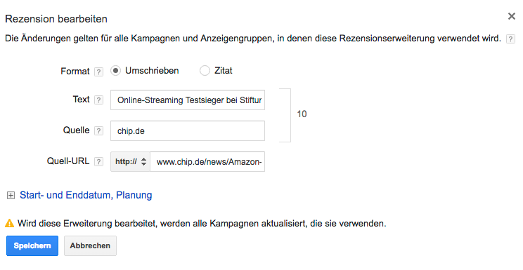 Google AdWords Rezensionserweiterung bearbeiten