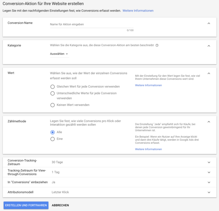Einstellungen für Conversions-Aktion