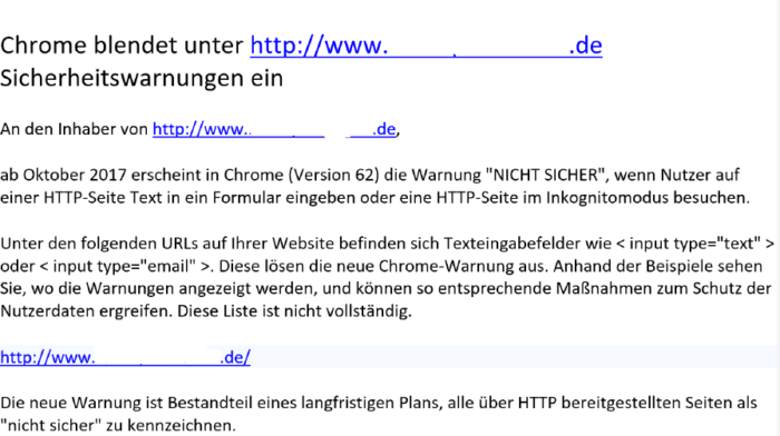 Warnung im Chrome Browser vor nicht verschlüsselten Inhalten