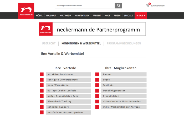 Partnerprogrammseite auf neckermann.de