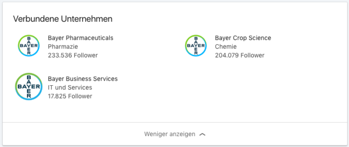 Verbundene Unternehmen der Bayer Unternehmensseite auf LinkedIn
