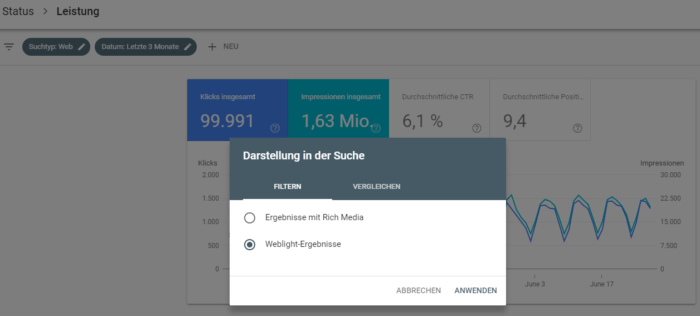 Filterfunktion für Weblight-Einblendungen in Google Search Console