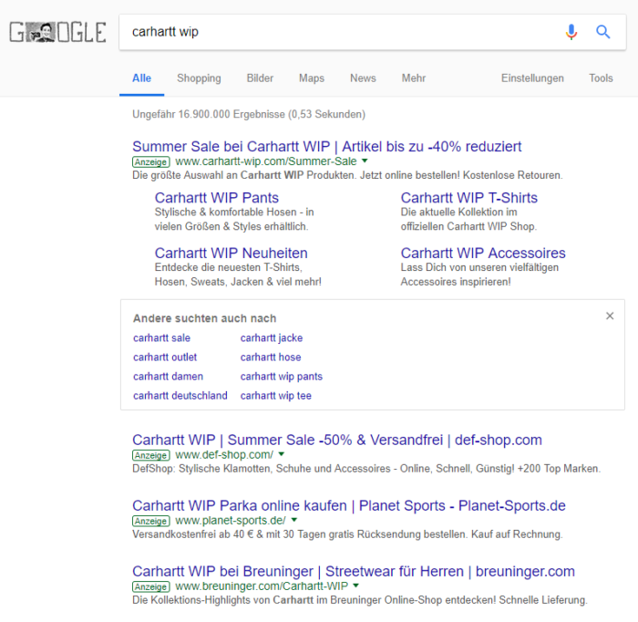 Googles Andere suchten auch nach-Ergebnisse erscheinen bei Google Anzeigen