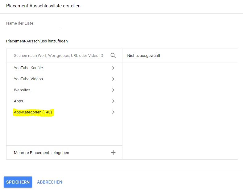 Hier können alle App-Kategorien zu einer Placement-Ausschlussliste hinzugefügt werden