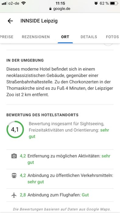 Bewertung des (Hotel)Standortes in den lokalen Google Sucheinträgen