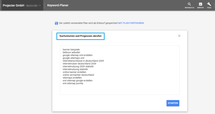 Suchvolumen im Keyword Planer abrufen