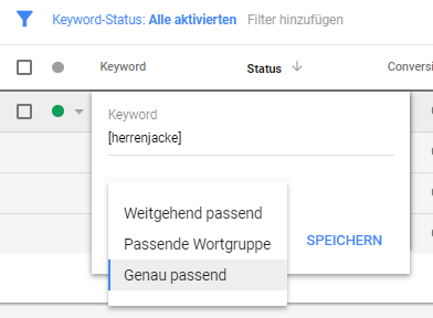 Keyword-Option auswählen im Google Ads Interface