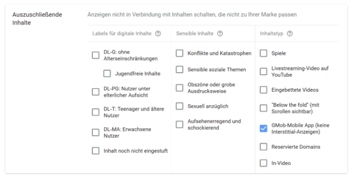 Ausschluss mobiler Apps in Google Ads