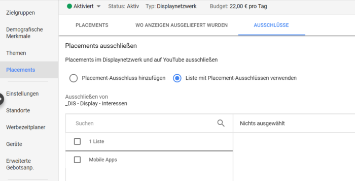 Ausschluss mobiler Apps in Google Ads