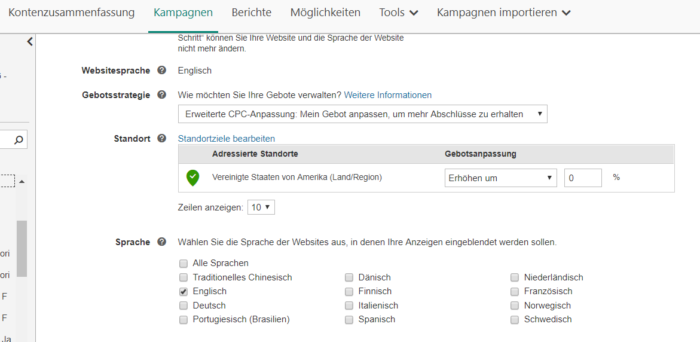Einstellung des Sprachen-Targetings auf Kampagnenebene