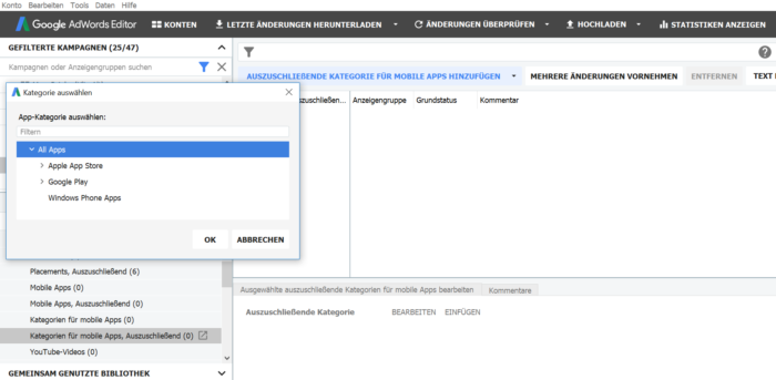 Ausschluss mobiler Apps in Google Ads
