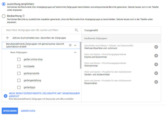 Benutzerdefinierte Zielgruppe mit gemeinsamer Absicht automatisch generieren lassen