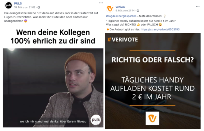 Zu sehen sind zwei Facebook Posts, die mit einer Frage Interaktion schaffen