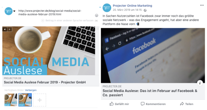 Zu sehen ist ein ist ein Link Post auf Facebook vor und nach der Bearbeitung der Vorschauelemente