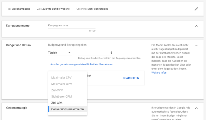 Das Bild zeigt einen Screenshot der Einstellung "Conversions maximieren" für Youtube.