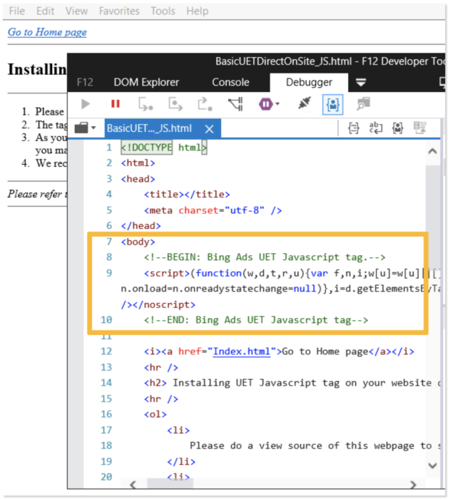 Zu sehen ist der Quellcode im Bing Tracking