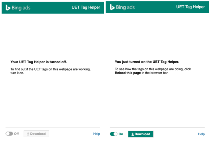Zu sehen ist das Menü des Bing Tracking UET-Tag Helpers