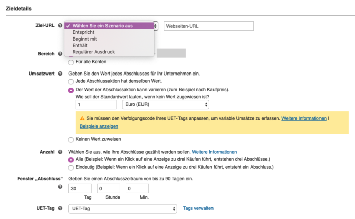 Zu sehen ist das Menü zum Einrichten der Ziel-URL
