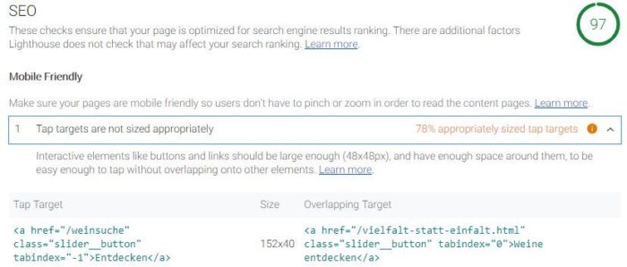 Lighthouse zeigt für die mobile Optimierung nun Verbesserungen für "Tap targets" an