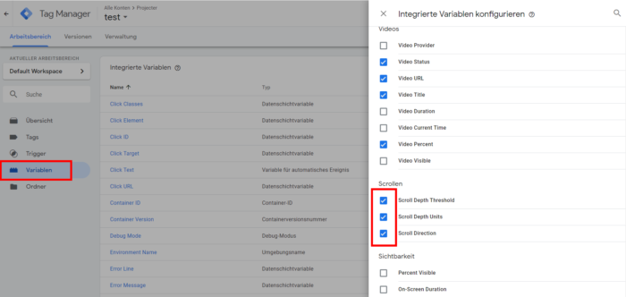 Screenshot des Vorgangs Variable bereitzustellen für das scroll tracking mit google-tag manager und google-analystics 