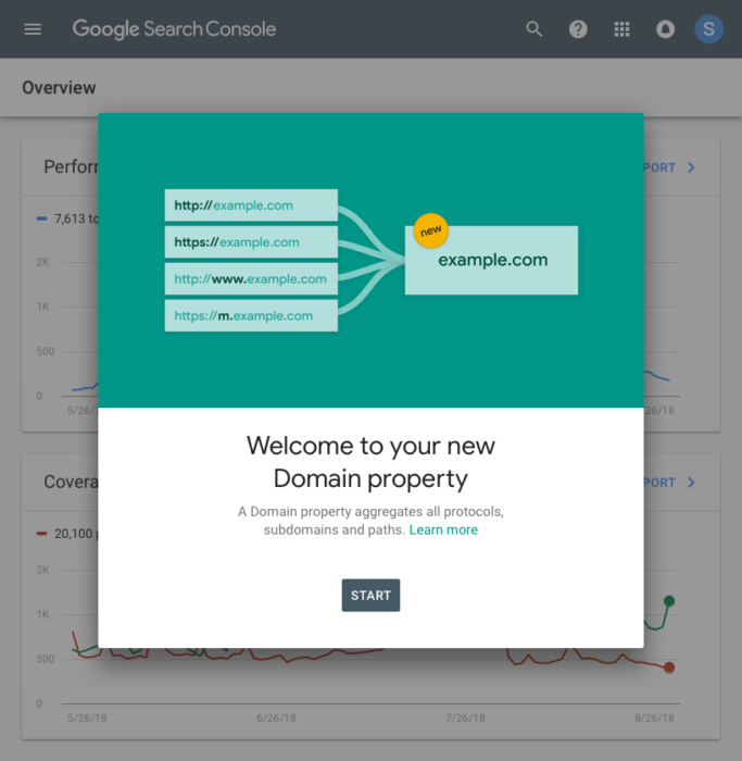 Das Bild zeigt die Einführung von Domain Properties in der Search Console