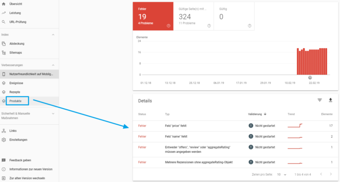 Auf dem Bild zu sehen ist wie Fehler bei hinterlegten Produkt-Markups nun in der Search Console angezeigt werden