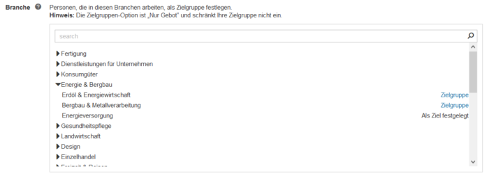  Auswahl der Zielgruppe über ein ausklappbares Menü, für Unternehmen über ein Suchfenster.