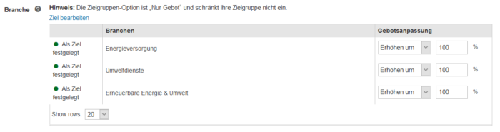 Nach der Zielgruppenauswahl kann die Gebotsanpassung vorgenommen werden