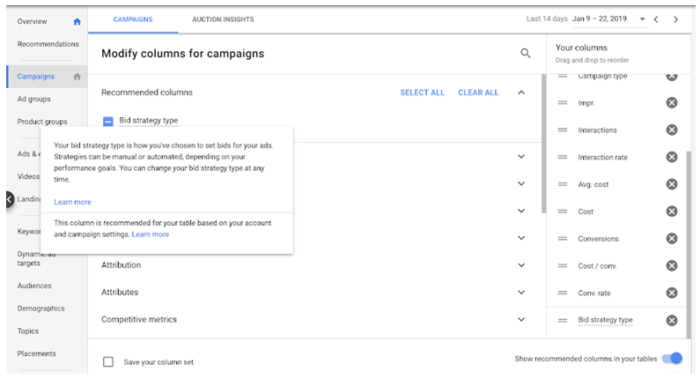 automatische Berichtsspalten in Google Ads